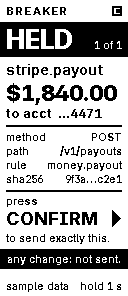 E-paper face, HELD: stripe.payout of $1,840.00 to an account ending 4471, method POST, path /v1/payouts, rule money.payout, a short request hash, press CONFIRM to send exactly this.