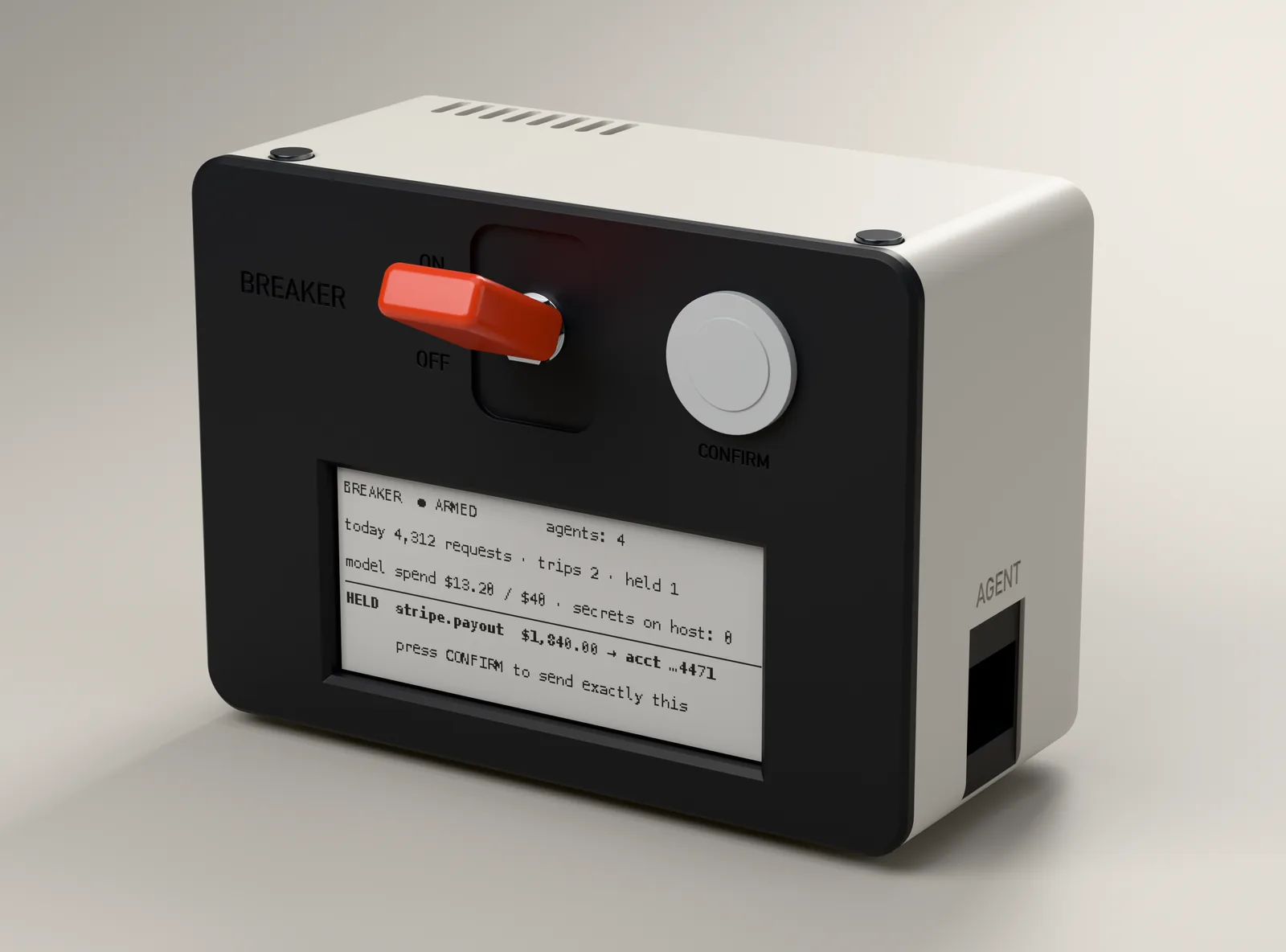 Breaker v0: a compact box with a black front, an orange toggle, a round CONFIRM button and a wide e-paper strip, on a cream case.