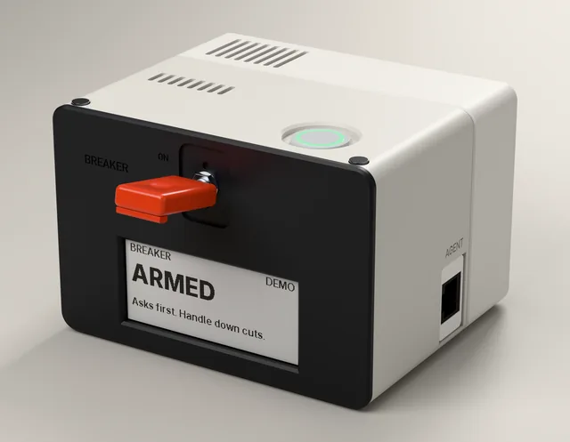 Breaker v0.2, a CAD render: a white box with a black front, an orange handle and an e-paper face reading ARMED.