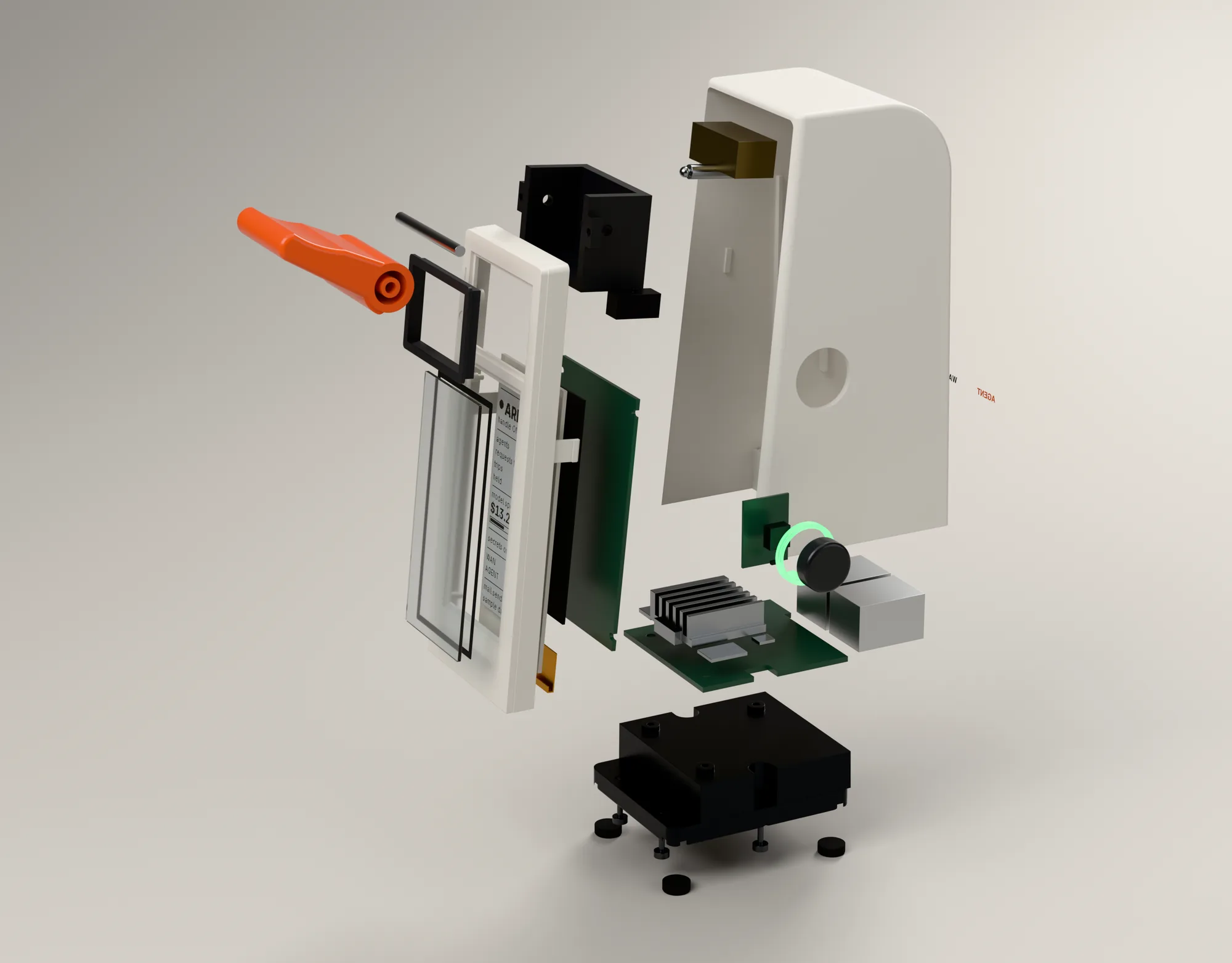 Breaker v1 taken apart along its assembly line: the white shell, the handle and its frame, the e-paper face, the CONFIRM board, the main board with its heat sink and network jacks, and the zinc plinth.