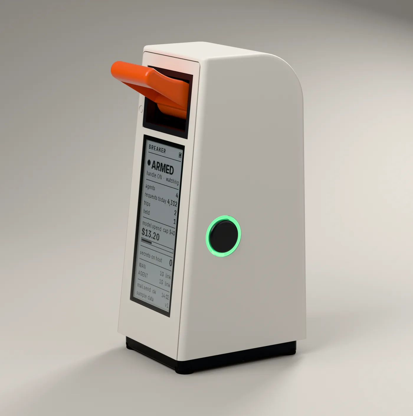 Handle up: the face reads ARMED and the CONFIRM ring glows green.