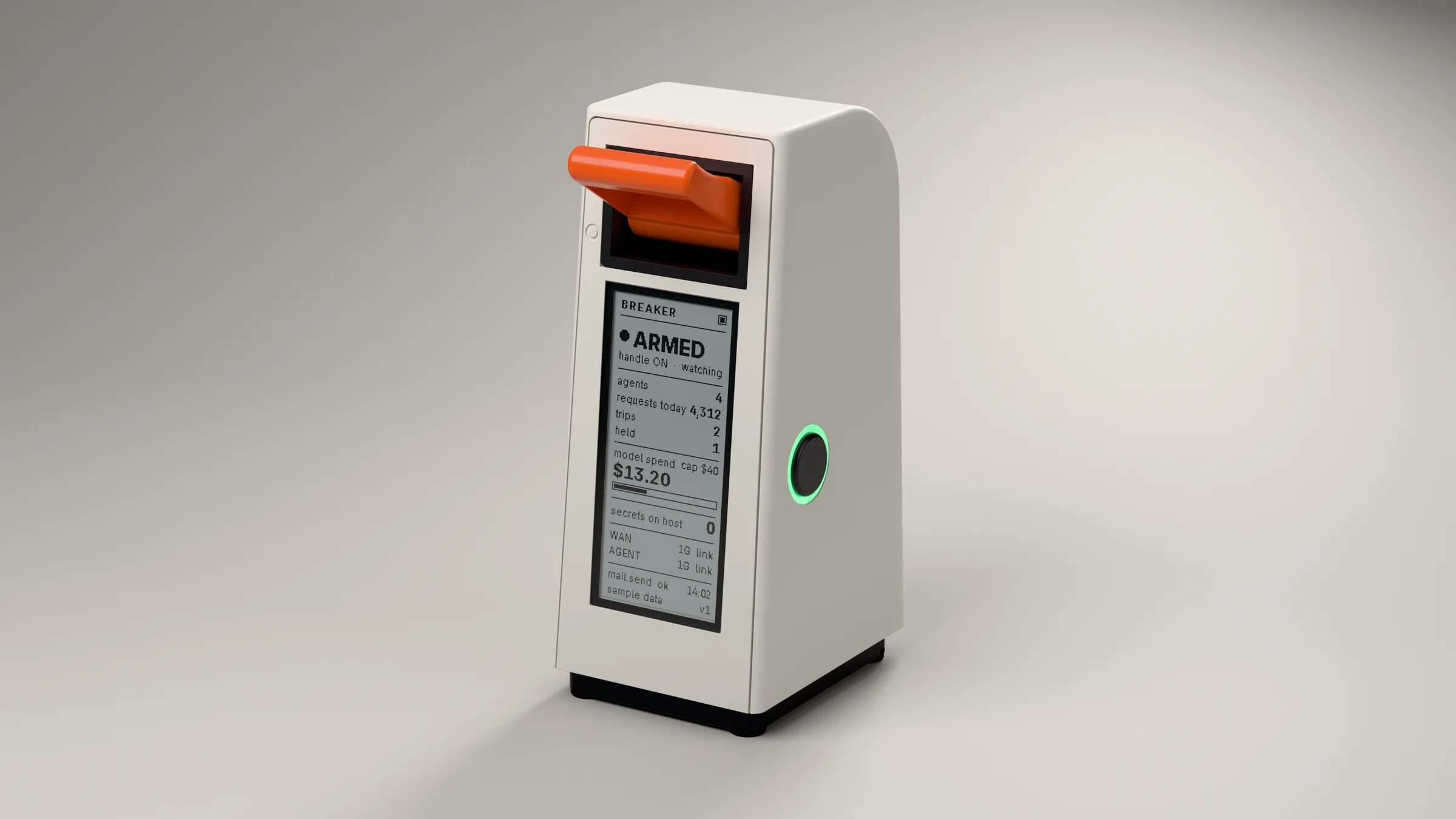 Breaker v1 standing upright: a warm white pole on a dark plinth, an orange handle at the top in the ON position, an e-paper face below it reading ARMED, and a green ring around the CONFIRM button on its side.