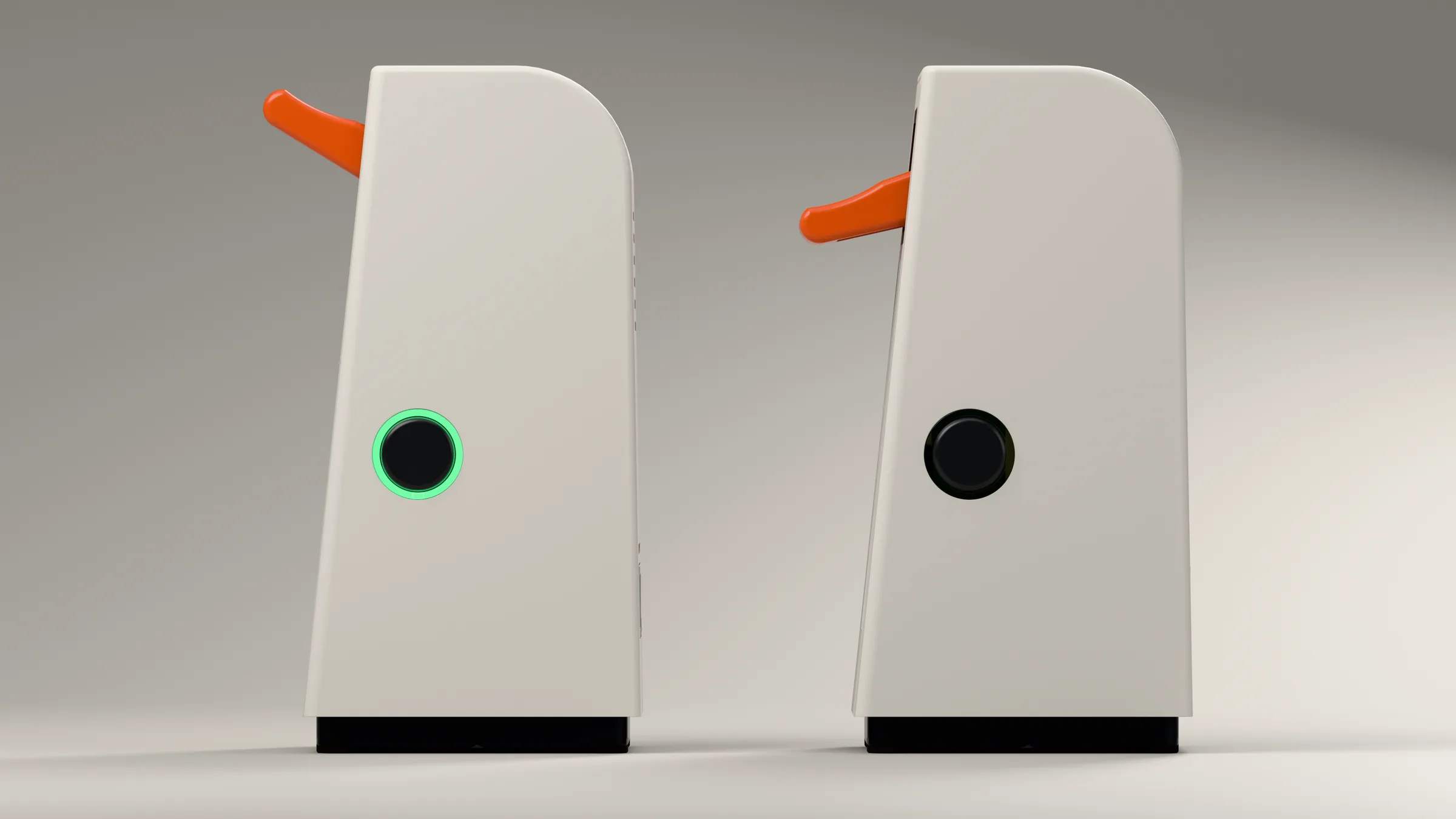 Two Breaker v1 units in side profile: on the left the handle is up and the ring is green, on the right the handle is down and the ring is dark.