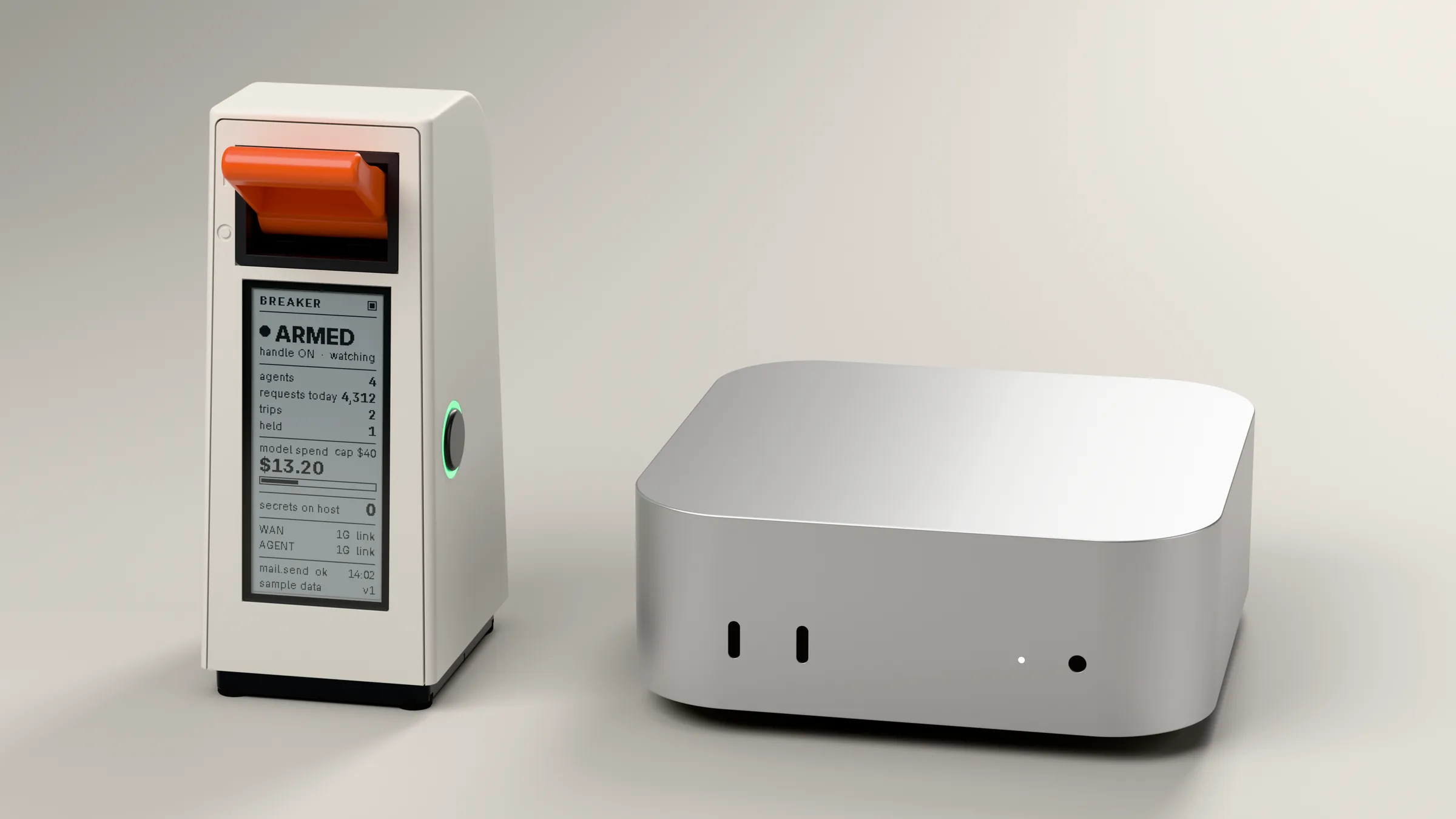 Breaker v1 standing next to a Mac mini. Breaker is narrower and about two and a half times taller.
